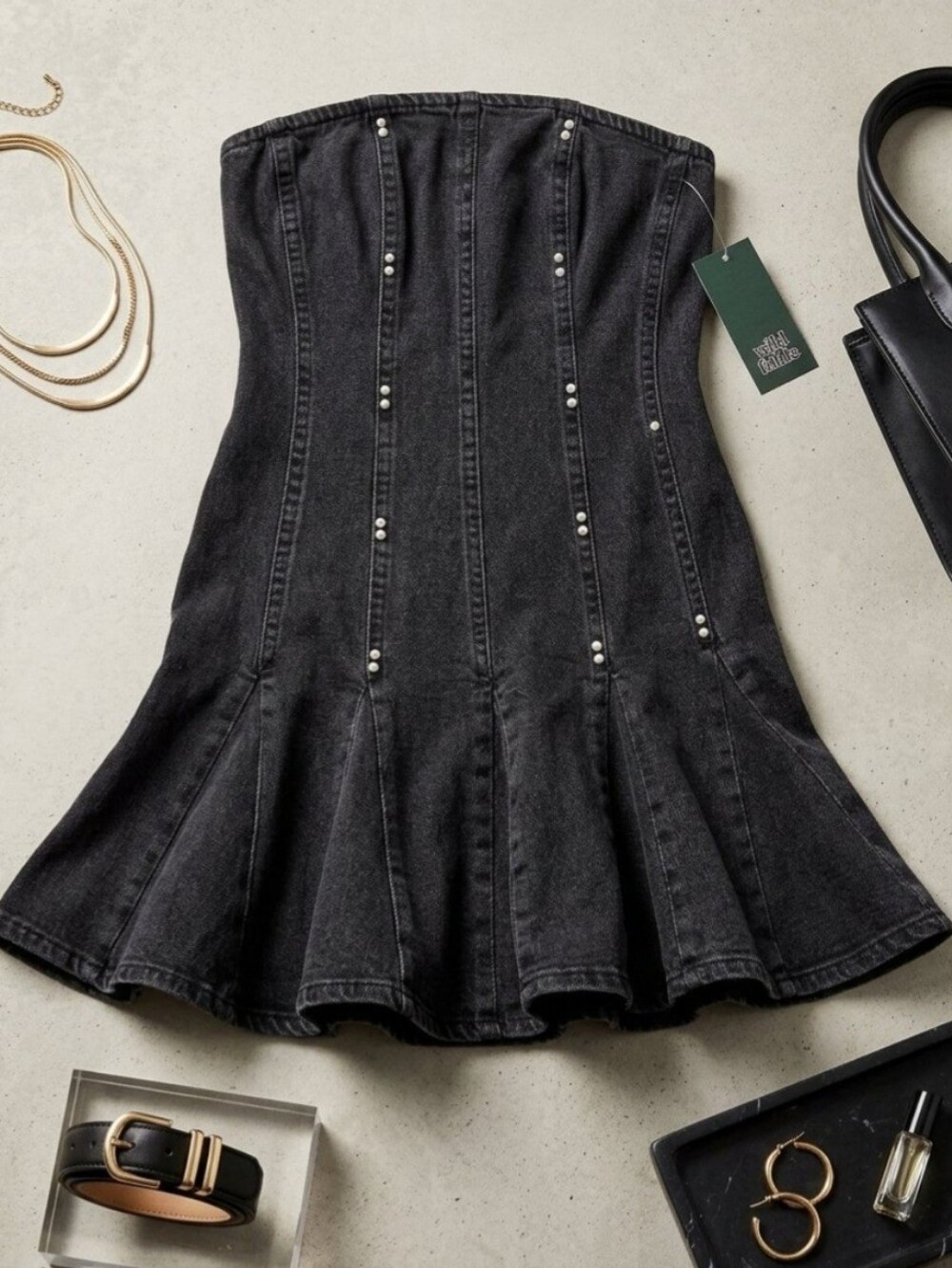 Wild Fable Western Denim Fit & Flare Strapless Mini Dress Studded NWT